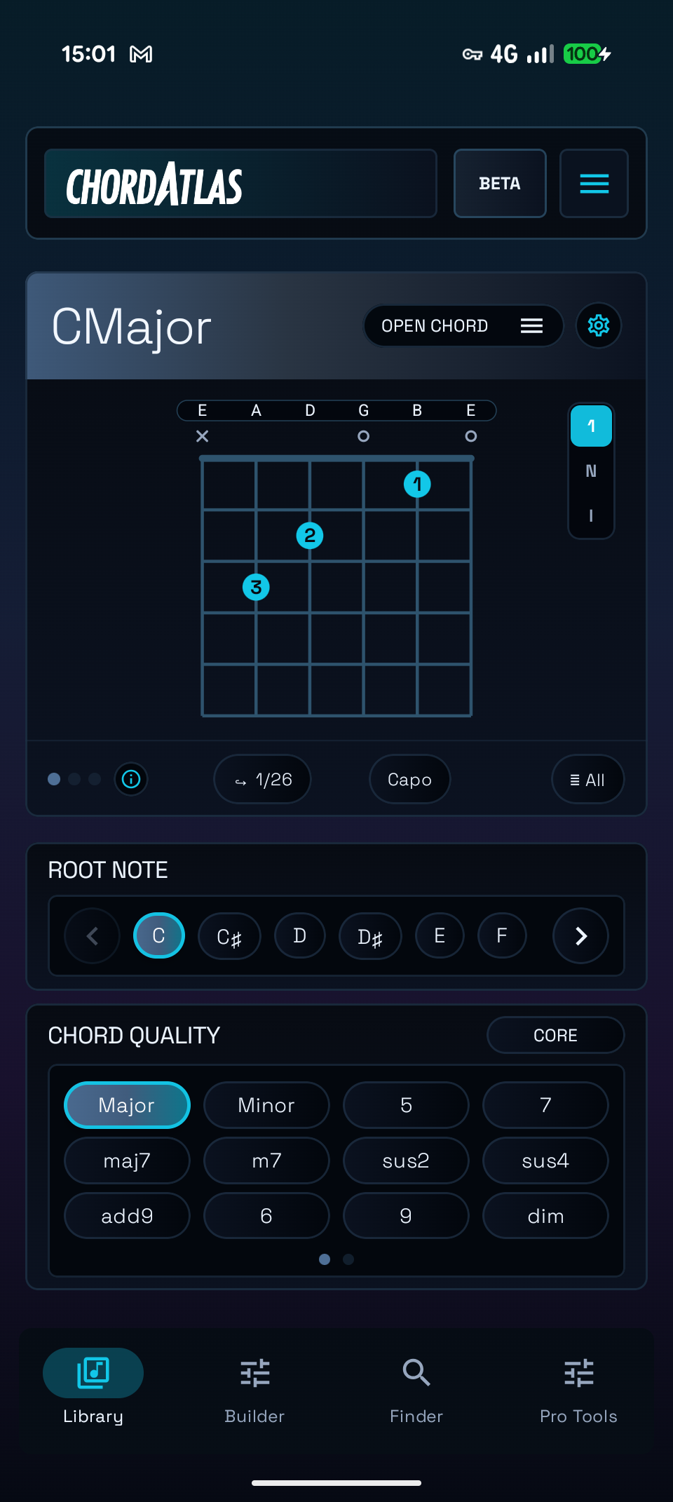ChordAtlas Library showing a C Major open chord, chord diagram, voicing controls, root notes and chord qualities